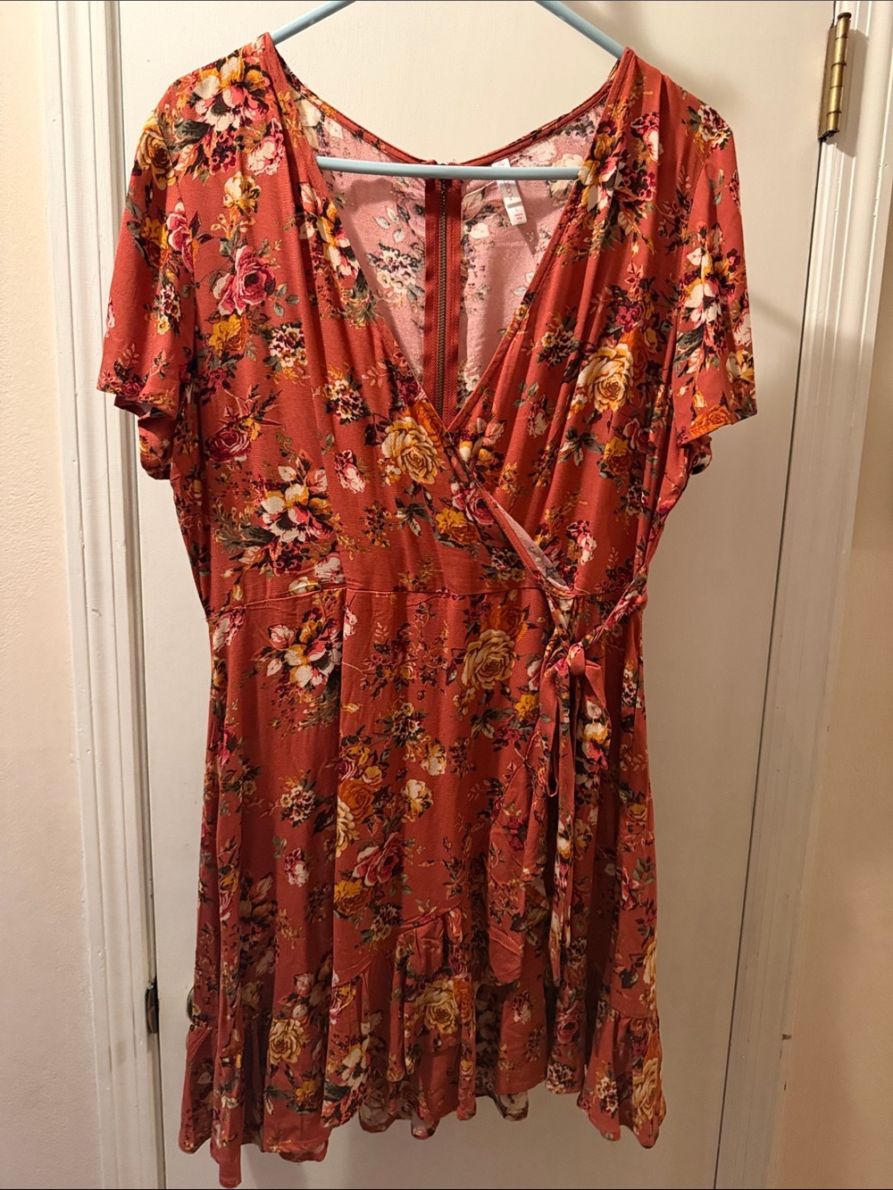 Xhilaration Rust Floral Wrap Dress with Yellow and Pink Blooms